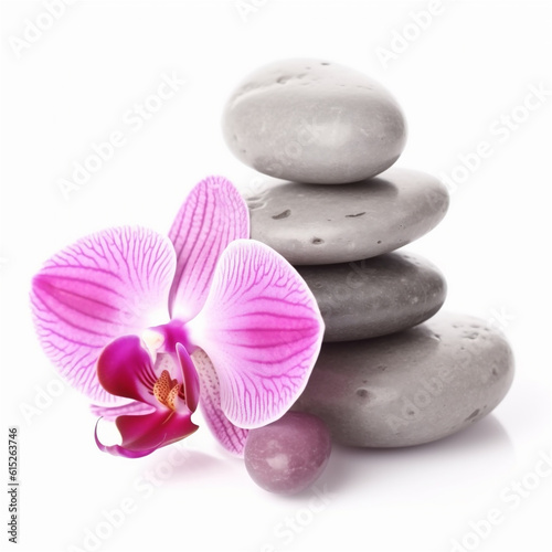 pink orchid on stack of pebbles isolated on white background. AI generated content