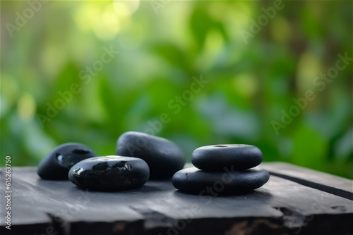 black spa stones laying on wooden table with nature background. hot stone massage. AI generated content