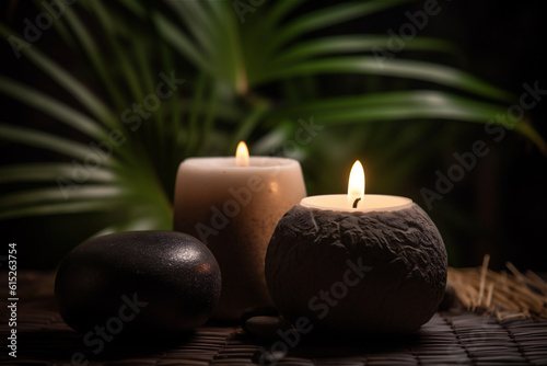 Spa stones and candles with palm tree leaves on dark background. AI generated content