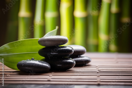 Spa Massage Stones on table with Bamboo nature background. AI generated content