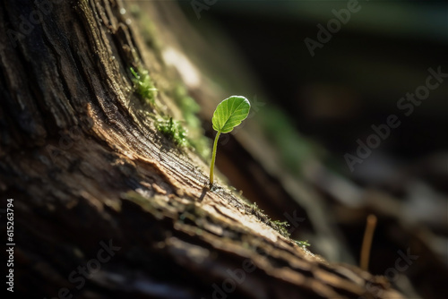 Sprout growing from tree, ecology concept. AI generated content