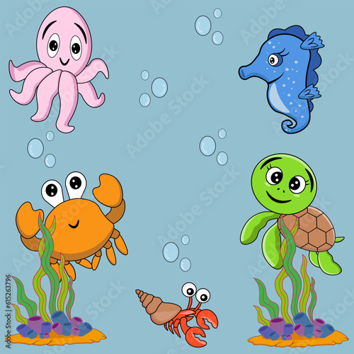 Set of sea animals and plants in cartoon style. Vector illustration on a marine theme