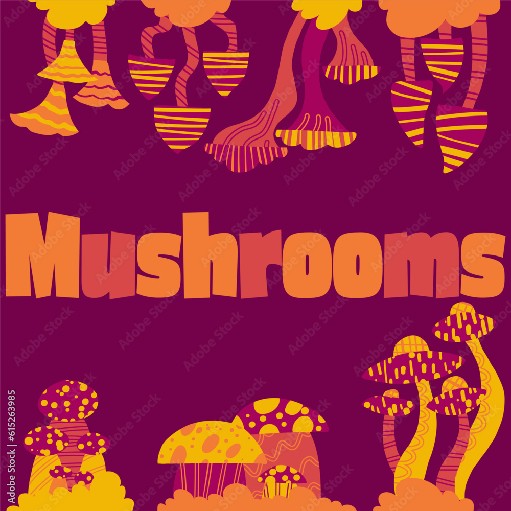 Set of cute isolated mushrooms with geometry ornament. Psychedelic mushrooms in vivd colours. Hand drawn mushrooms illustration
