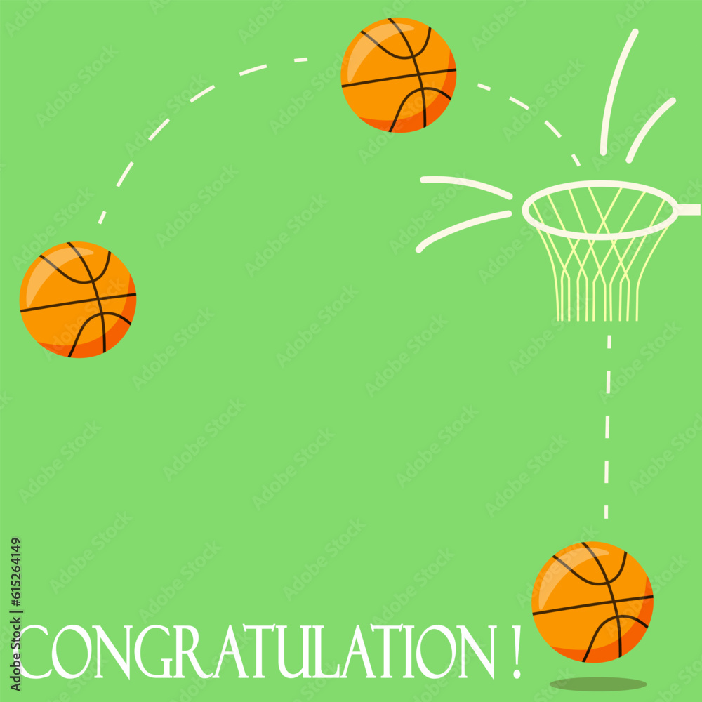 Greeting card with a ball flying into a basket on a green background. Sports vector illustration with copy space.