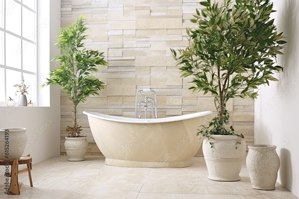 Beige bathroom with bathtub and shell stonework Beige bathroom with bathtub and shell stonework