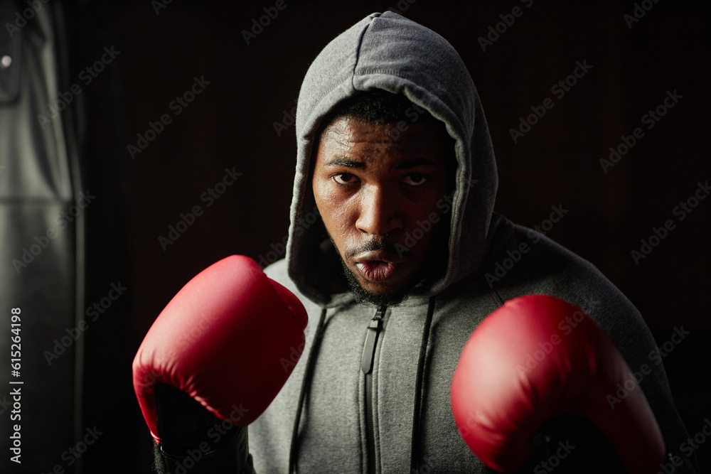 Portrait of young serious black man in grey hoodie and red boxing gloves looking at his rival during training in gym or sports club Portrait of young serious black man in grey hoodie and red boxing gloves looking at his rival during training in gym or sports club