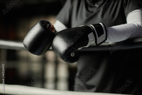 Close-up of young female boxer in boxing gloves standing on arena in front of camera and having break between trainings or rounds © Seventyfour