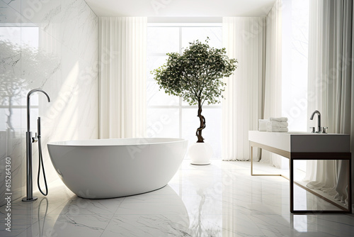 Full of sun light white minimalistic bathroom with large plant and window