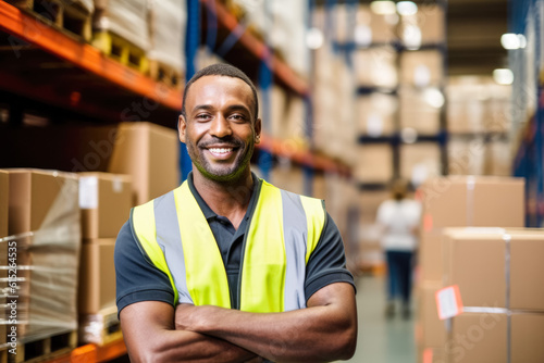 Fotografija Worker in a warehouse, black African man in high visibility vest, blurred shelves stacks background
