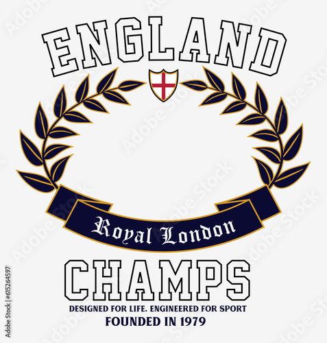logo slogan graphic, retro college with laurel, england and shield, royal london. sports Country club summer SS23 football crest sport 