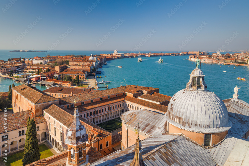 Giudecca canal in Venice lagoon, view from the bell tower of the basilca of San Giorgio Maggiore, Italy, Europe.