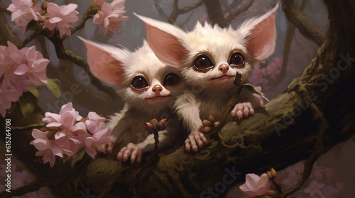 Non-human Gremlin mammal in a botanical setting with blooming flowers, trees, and eye contact. © Unicorn Trainwreck