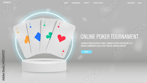 A web banner with poker cards on a white podium with a bright neon arch. A concept for a casino-themed website.