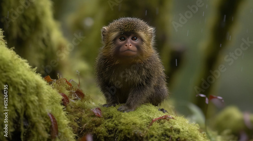Cute little monkey on the floor of a mossy green forest