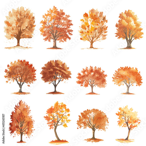 12 Herbst Bäume Aquarell Zeichnung Vektor Grafik | Autumn Trees Watercolor Drawing Vector Graphic