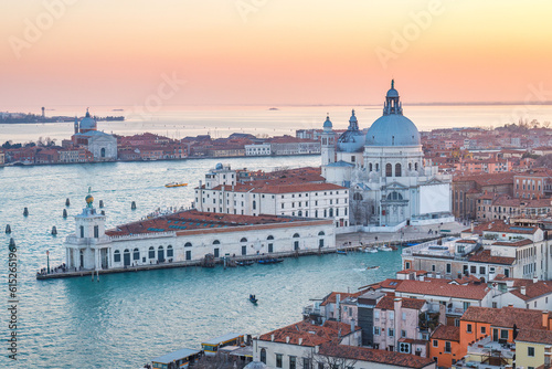 The Santa Maria della Salute basilica in Venice, view from the St. Mark's Campanile tower at sunset, Italy, Europe.