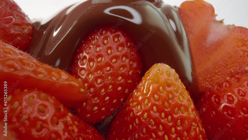 Close-up macro fresh strawberries covering with melted liquid chocolate on white background. Molten chocolate or brown caramel sauce pouring on red berries. Dolly slide shot using Laowa 24mm lens