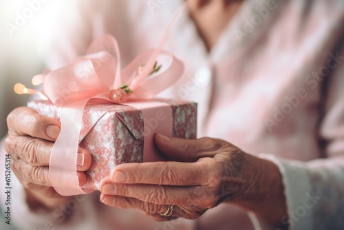 An intimate close - up shot of a grandmother s hands tying a birthday ribbon on a gift. Generative AI