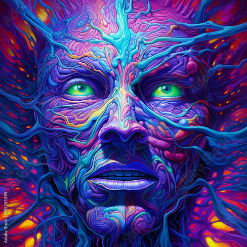 Psychedelic portrait DMT visual imagery, colorful trippy abstract mystical art, on hallucinogenic lsd. Concept of shamanism and spiritual experience. Ai generated