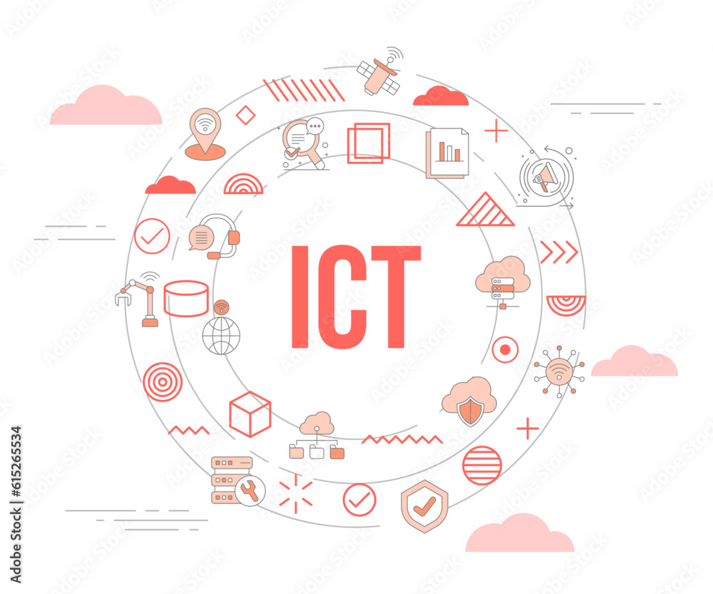 ict information and communication technology concept with icon set template banner and circle round shape