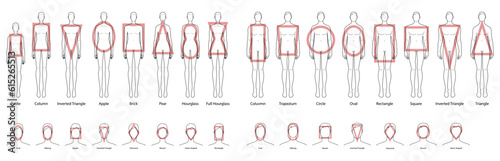 Set of Women Men faces and body shape types - oval, oblong, square, diamond, round, heart and rectangle. Male, Female Vector illustration style figure front view. Vector outline boy and girl fashion