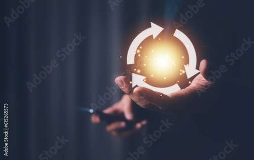 hand holding circular economy icons concept of eternity There is no end and there is no limit.