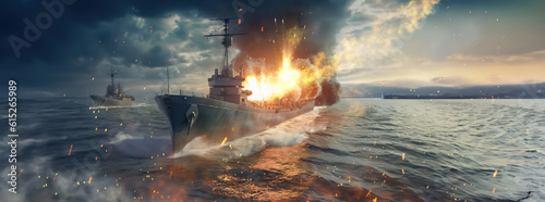 Billede på lærred missiles targeting military naval warboats being destroyers with military explos