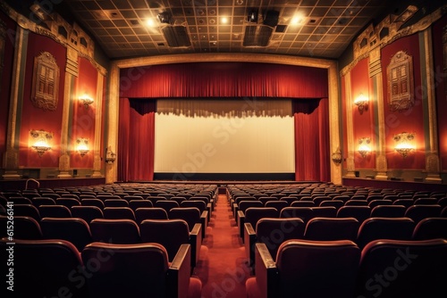 An atmospheric setting of an old - fashioned movie theater. The dimly lit auditorium, adorned with velvet drapes. Generative AI
