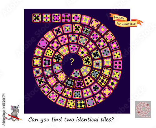 Logic puzzle for children and adults. Can you find two identical tiles? Page for kids brain teaser book. Task for attentiveness.  IQ test. Play online. Vector cartoon illustration.