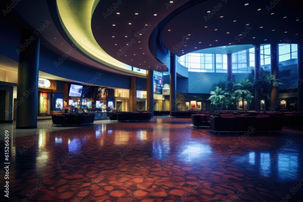 Fototapeta premium An establishing shot of a bustling movie theater lobby. Generative AI