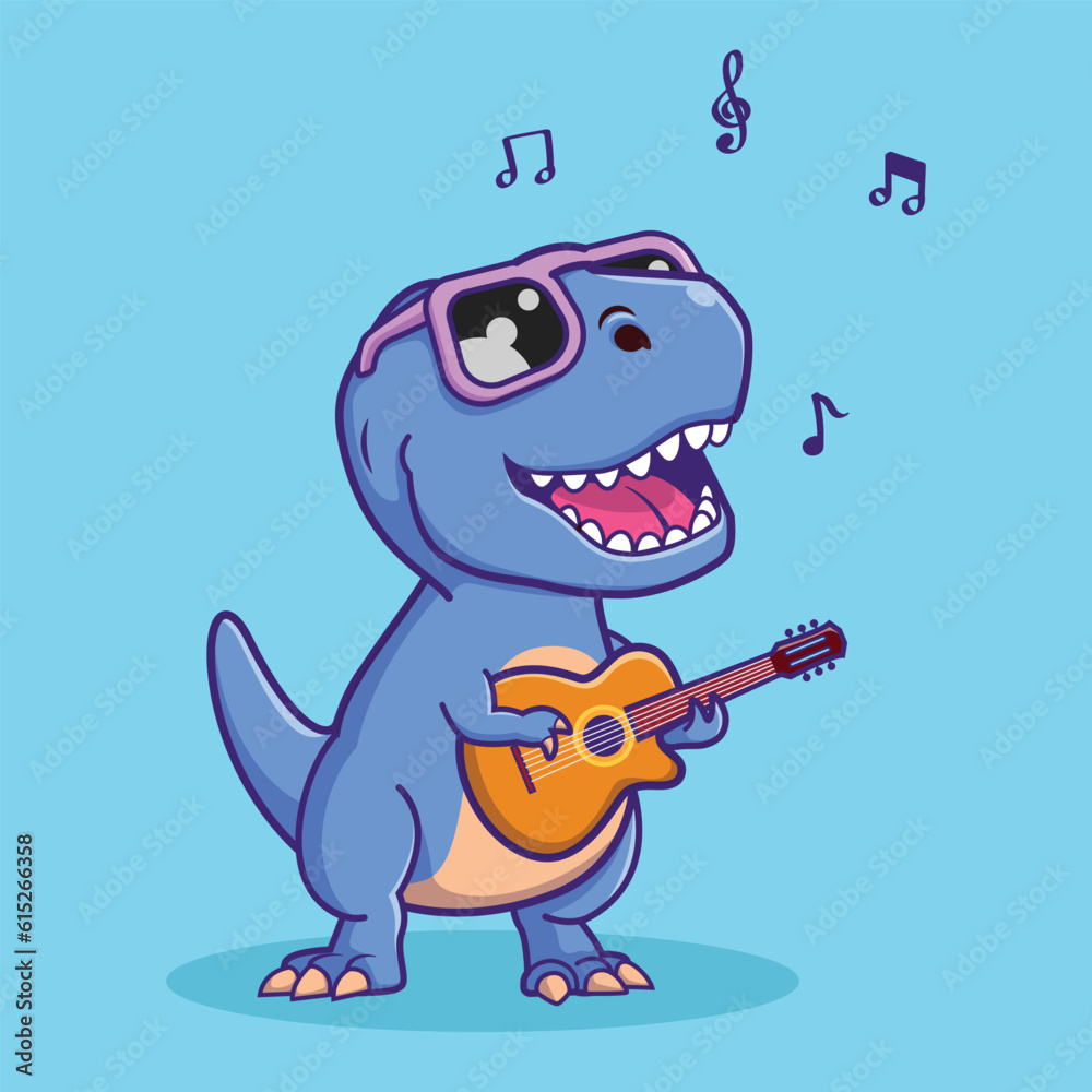 Fototapeta premium Cute dinosaur playing guitar vector illustration 02