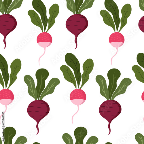 Seamless hand-drawn pattern with beetroot and radish on a white background