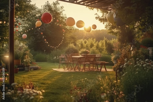 Atmospheric shot of a garden birthday party at sunset. Generative AI