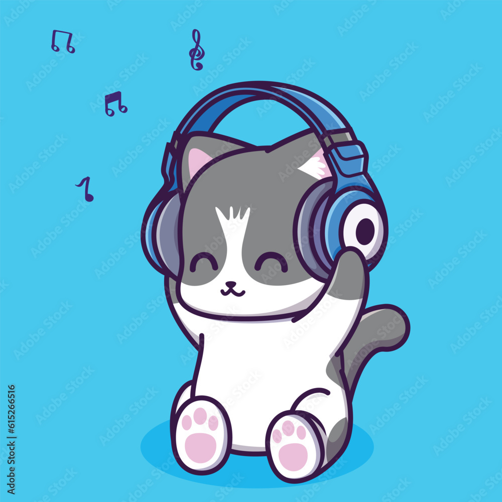 Cute cat listening to music with headphones