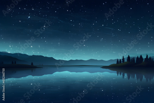 Peaceful night sky with stars over a calm lake