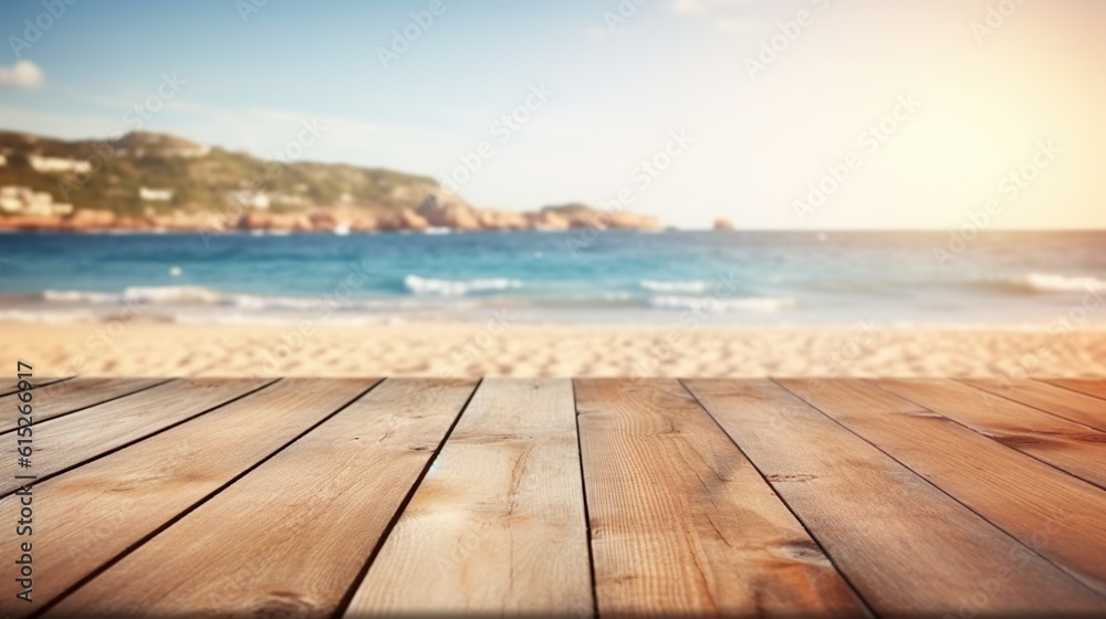 Empty Wooden Planks With Blur Beach And Sea