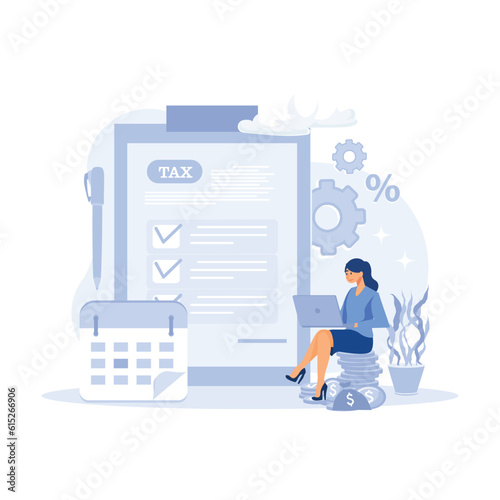 Characters preparing documents for tax calculation, making income tax return and calculating business invoices. flat vector modern illustration