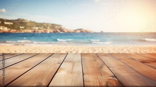 Empty Wooden Planks With Blur Beach And Sea