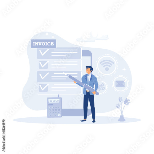 Characters preparing documents for tax calculation, making income tax return and calculating business invoices. flat vector modern illustration