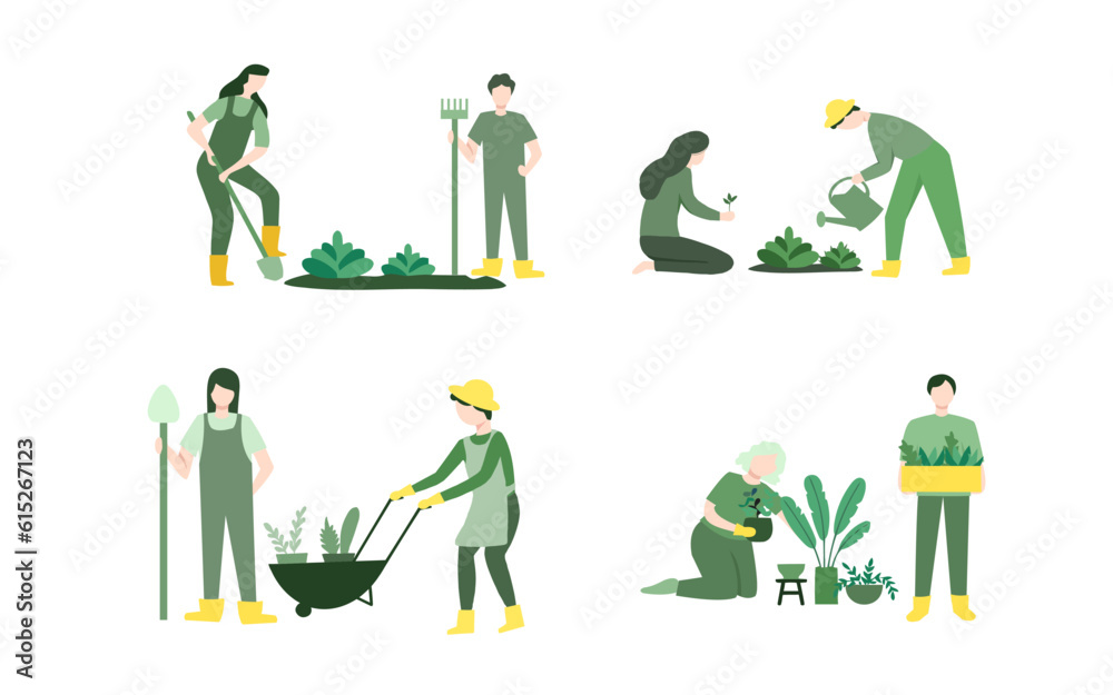 People work in the garden. Flat vector..Farmers agricultural workers. Male pulling wheelbarrow with vegetables and holds a box with farm products. Man, woman gardener watering plants, trimming plants.