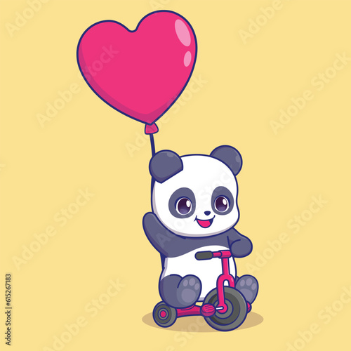 Cute panda riding bicycle with love ballon