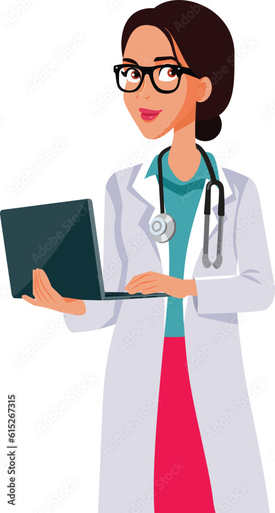 Happy Doctor Holding a Laptop Vector Cartoon Illustration. General practitioner working online doing telemedicine consultations 
