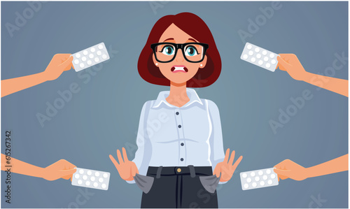 Broke Woman Not Able to Afford Medical Treatment Vector Cartoon illustration. Sad patient not having health insurance coverage for lifesaving drugs
