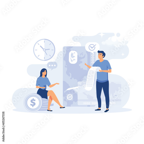 Characters paying online and receiving bonus money or reward back on credit card. Cashback, financial savings and money exchange. flat modern vector illustration
