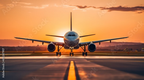 Airplane on the runway at sunset.