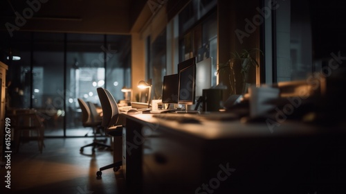 Blurred office workspace in the evening interior.