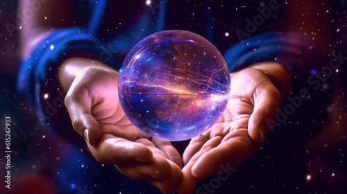 Magic crystal ball in a hands on shining stars background. photo