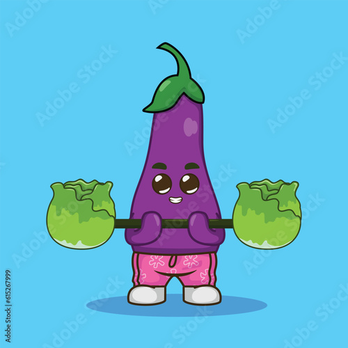 Cute eggplant Lifting barbells cabbage