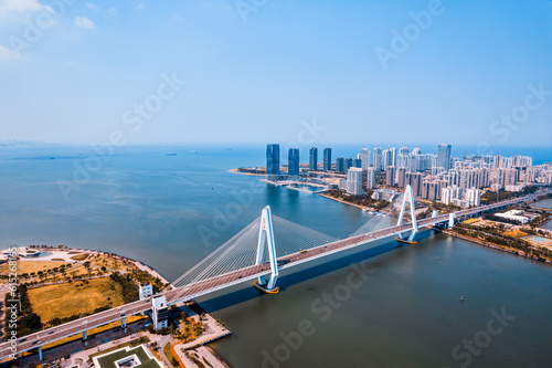 High angle view skyline of Haidian River Century Bridge in Haikou, Hainan, China
