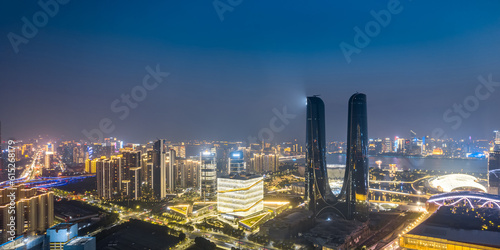 Aerial photography of night view of Hangzhou Gate, Hangzhou Century Center, Hangzhou, Zhejiang, China © Govan